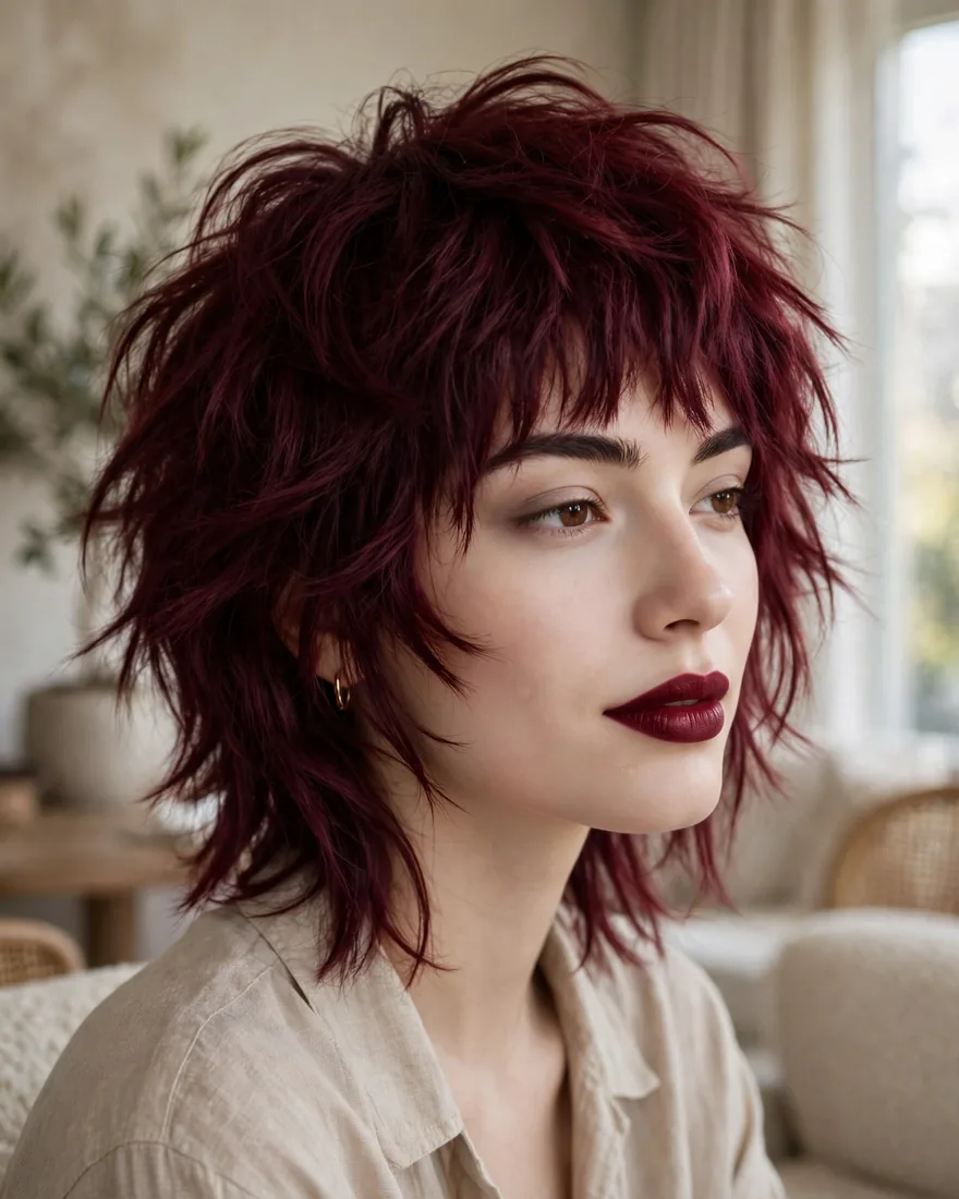 Burgundy wine choppy bangs on a wolf cut