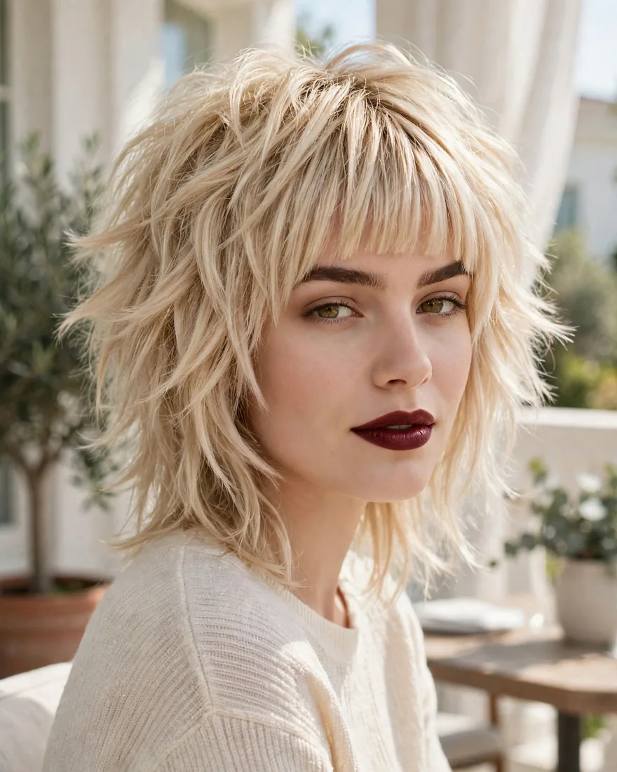 Champagne blonde wolf cut with blunt bangs