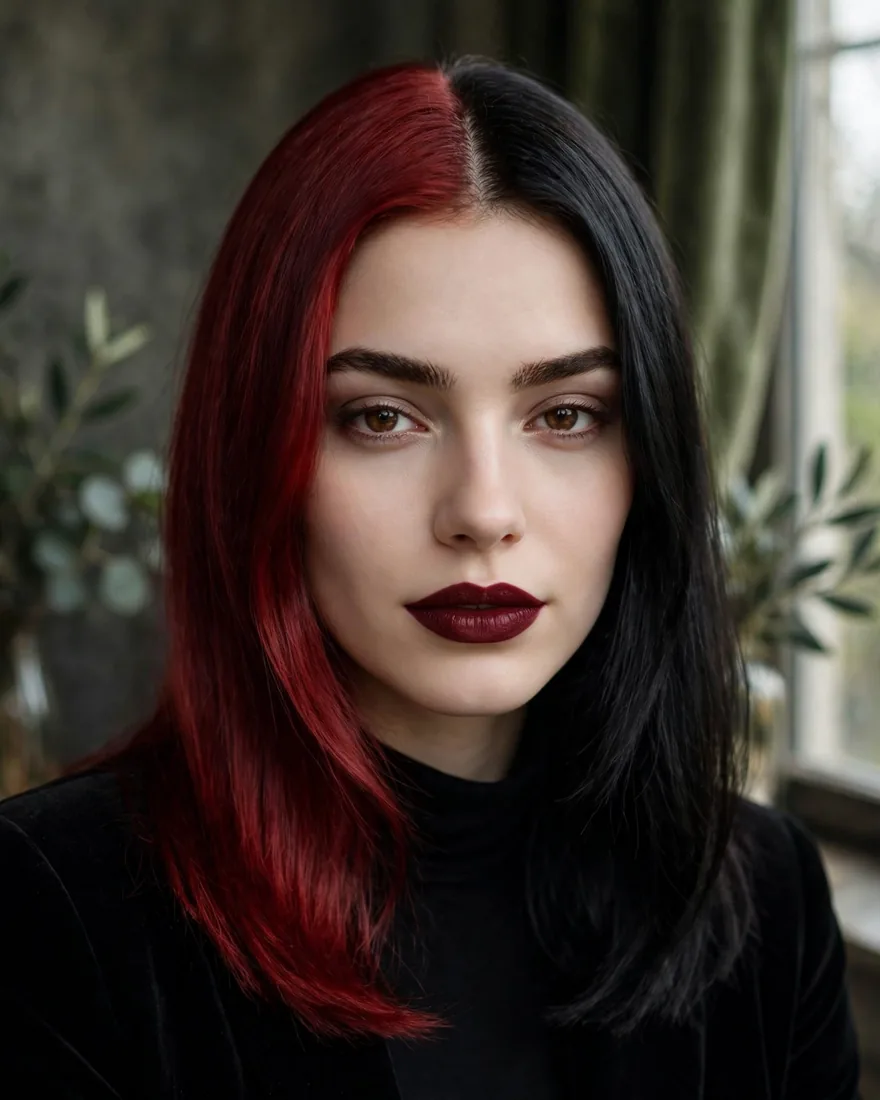 Dark cherry and black gemini hairstyle