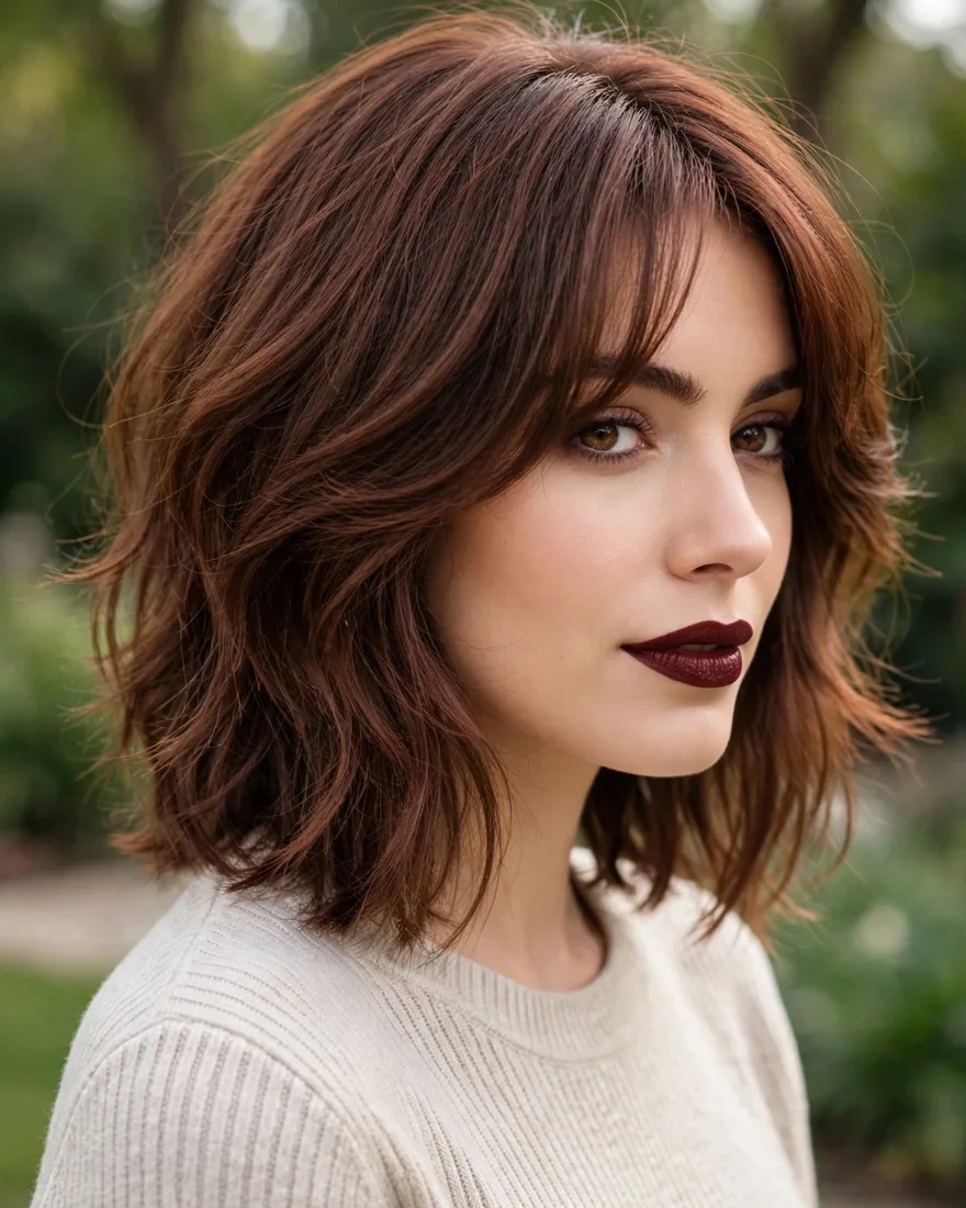 Chestnut Shag Lob With Curtain Fringe