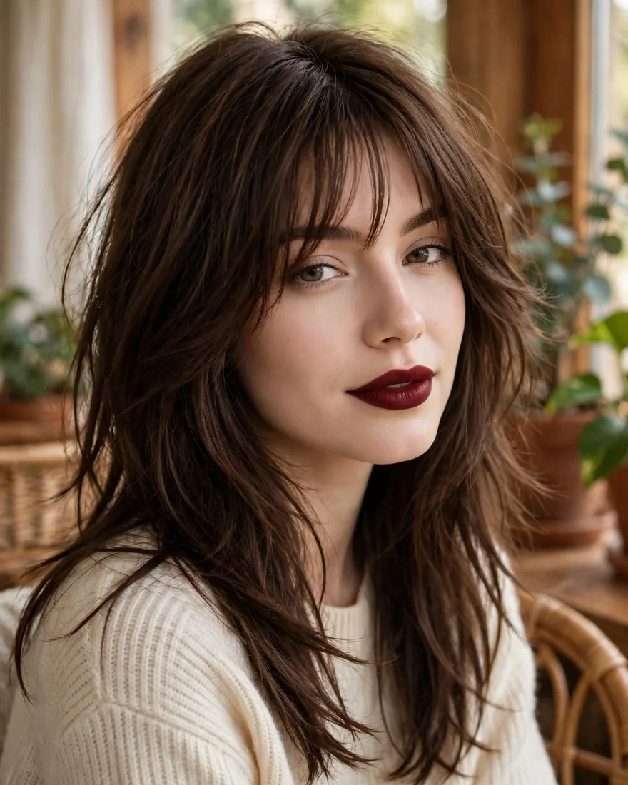 Chocolate brown long wolf cut with curtain bangs