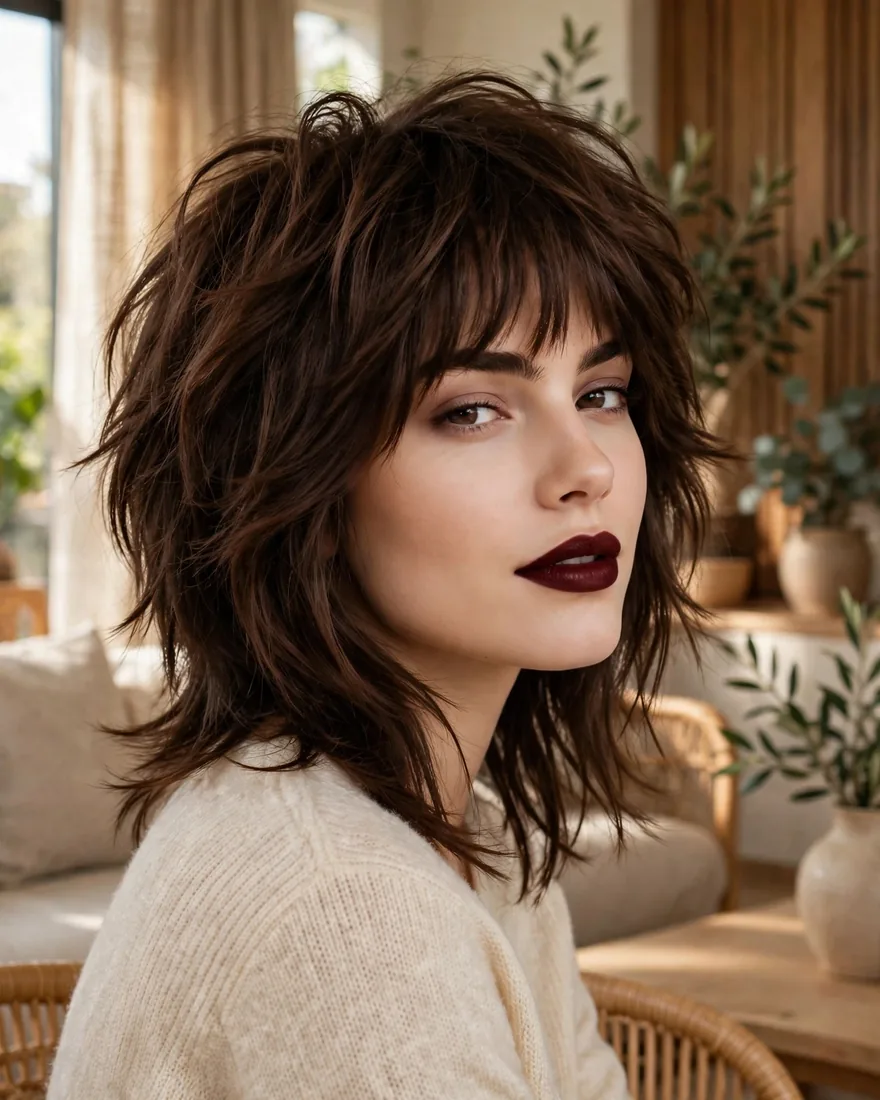 Chocolate brown shaggy wolf cut with full bangs
