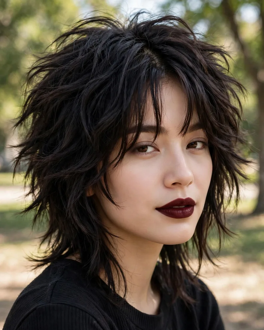 Choppy maximum-texture wolf cut with curtain bangs