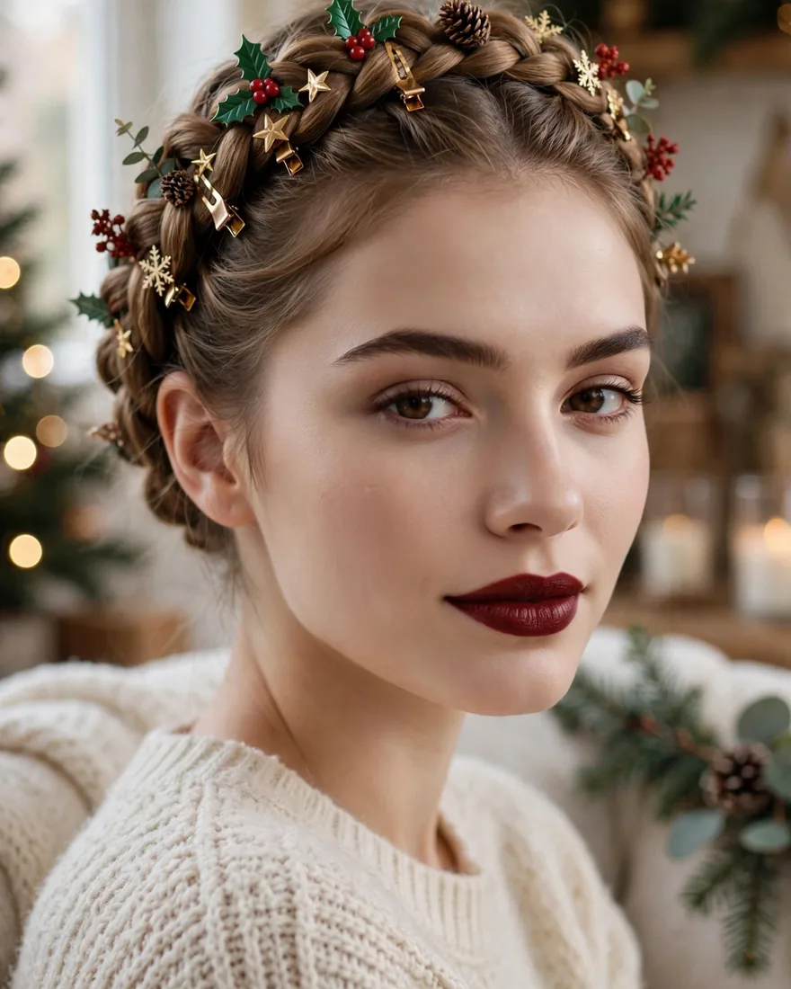 4. Braided Crown With Festive Clips