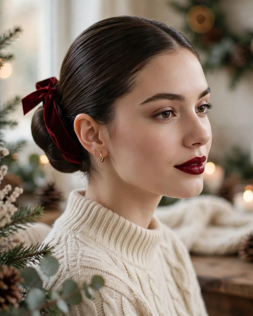 3. Sleek Low Bun With Velvet Ribbon