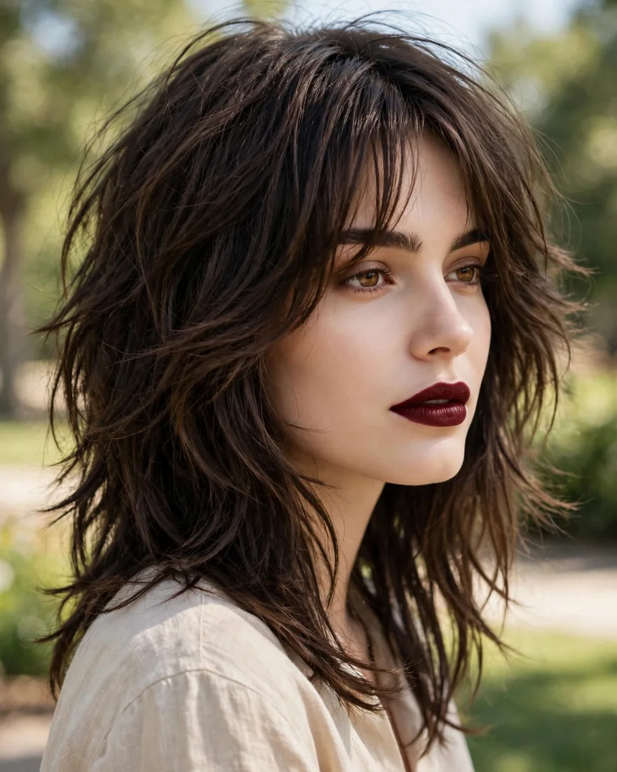 Classic layered long wolf cut with curtain bangs