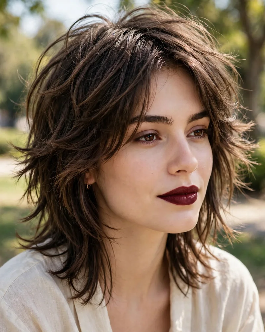 Classic open-face wolf cut without bangs