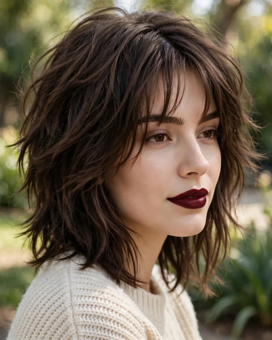 Classic shoulder-length wolf cut with curtain bangs