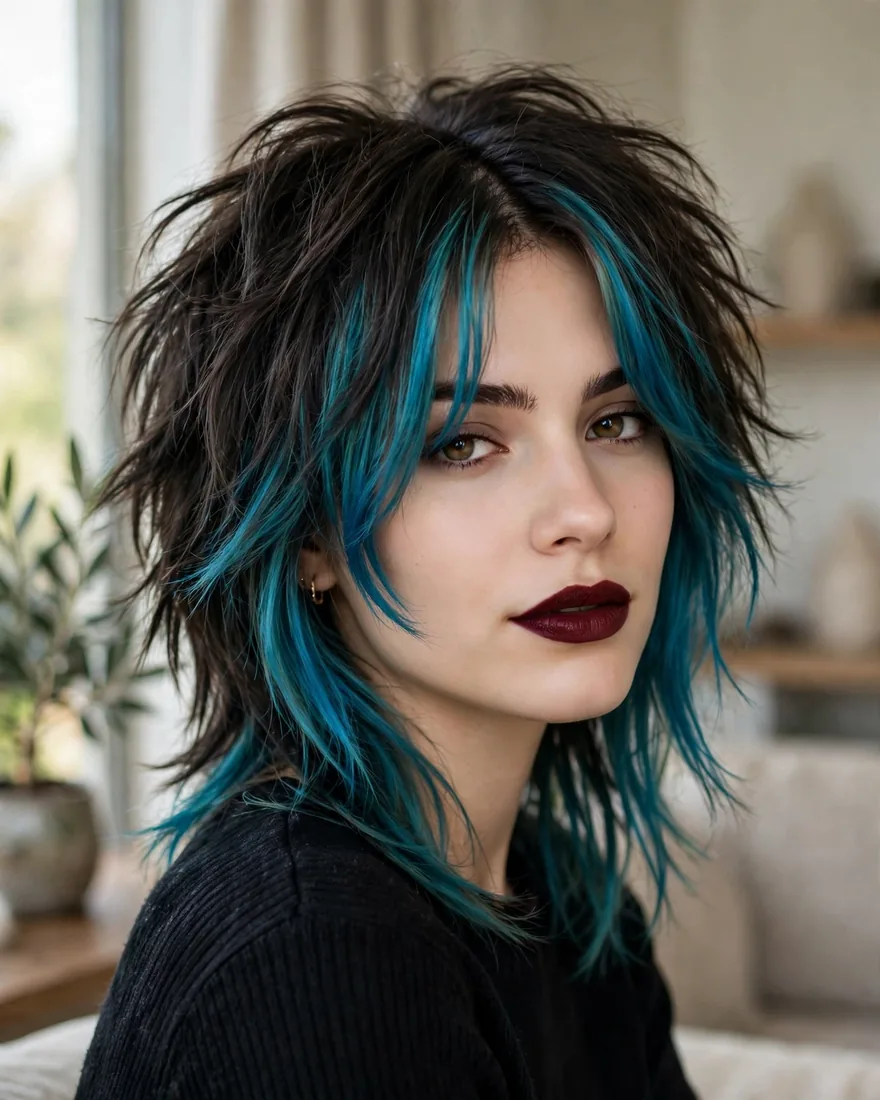 Wolf cut with colored face-framing curtain bangs