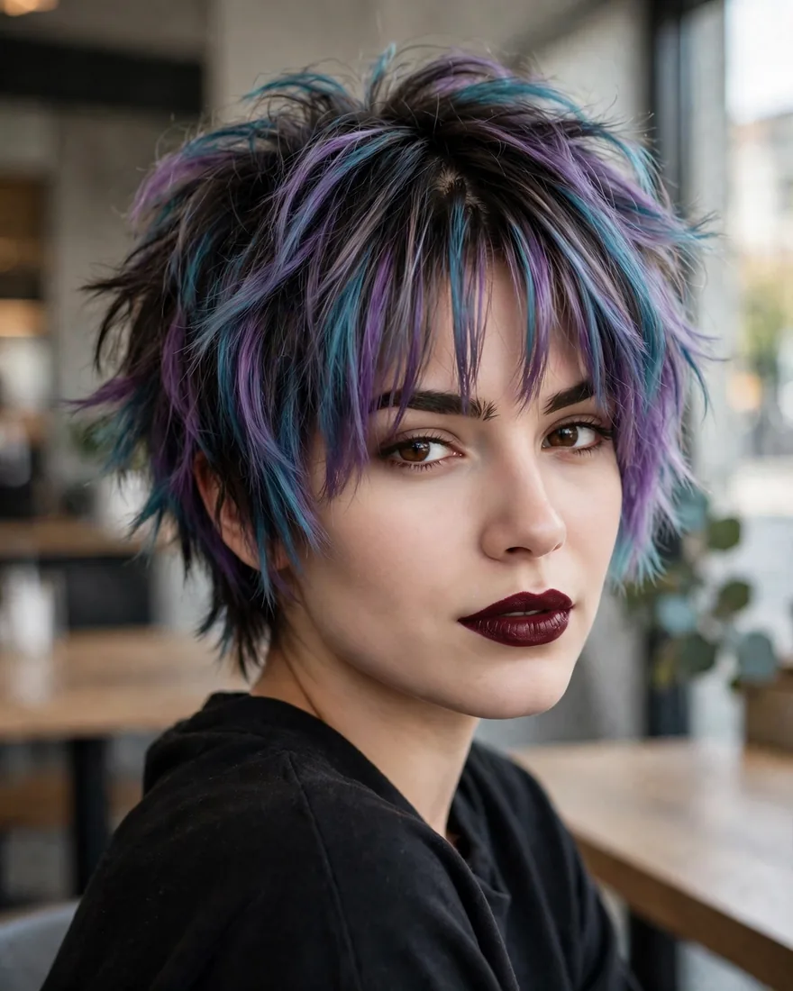 Colored short wolf cut with curtain bangs