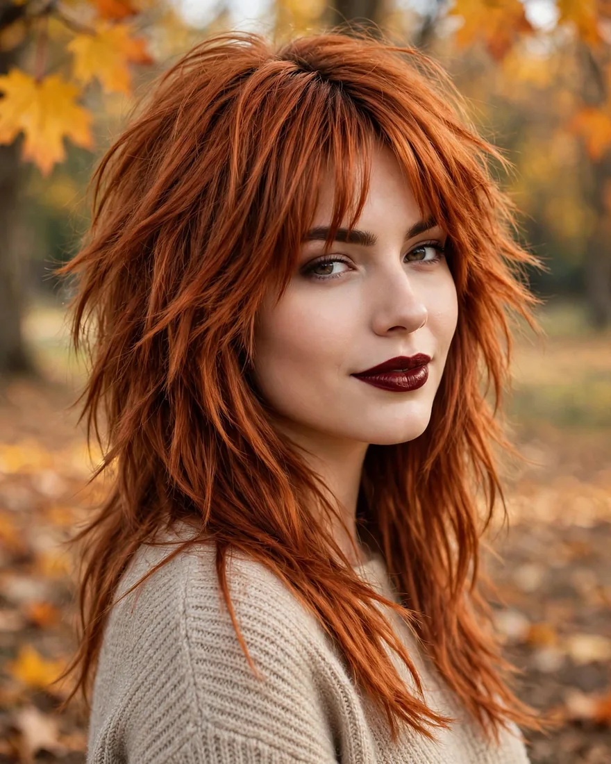 Copper long wolf cut with curtain bangs