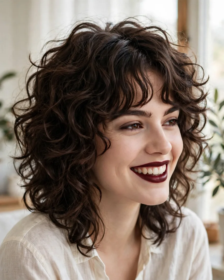 Curly curl-preserving wolf cut with curtain bangs