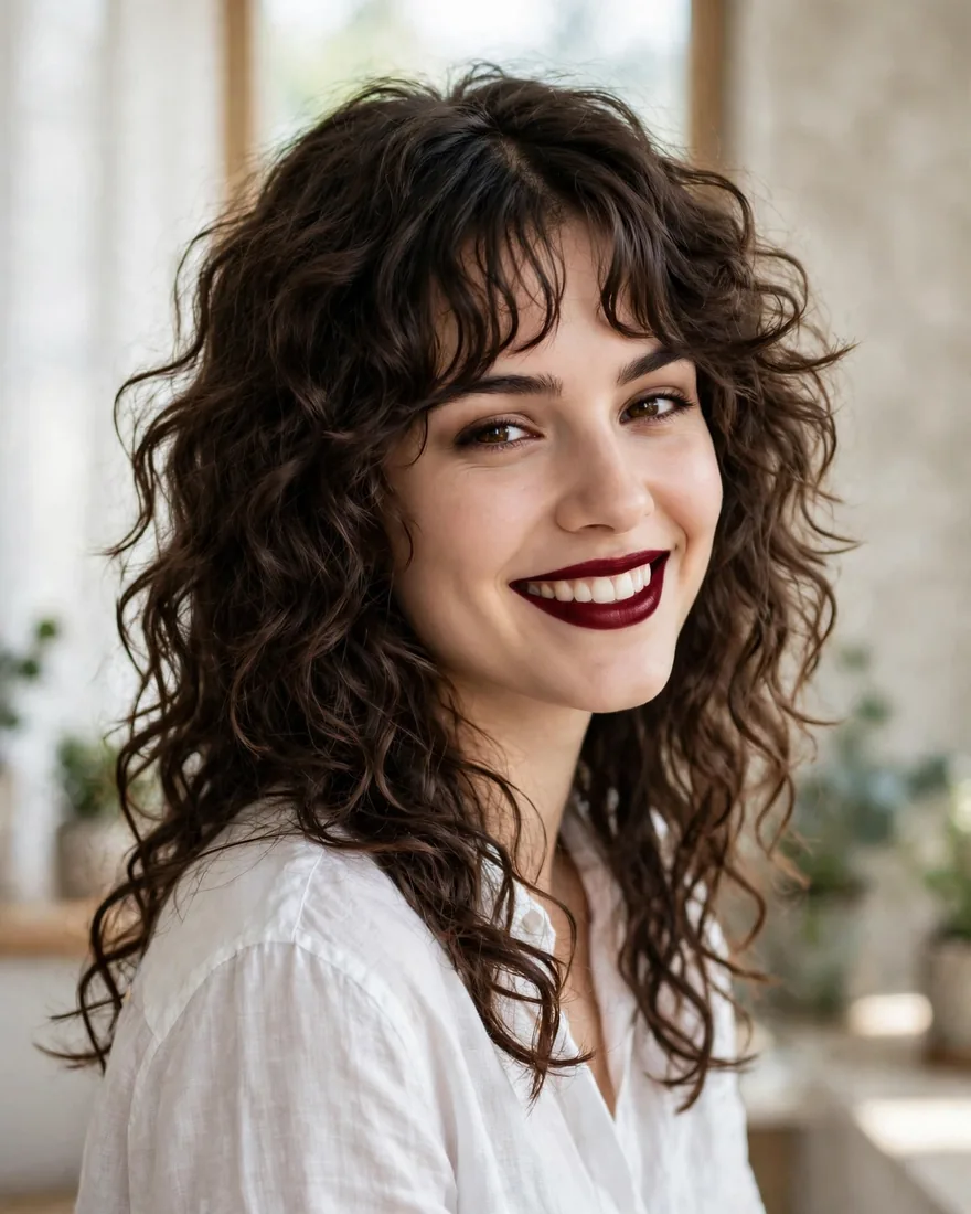 Curly long wolf cut with curtain bangs