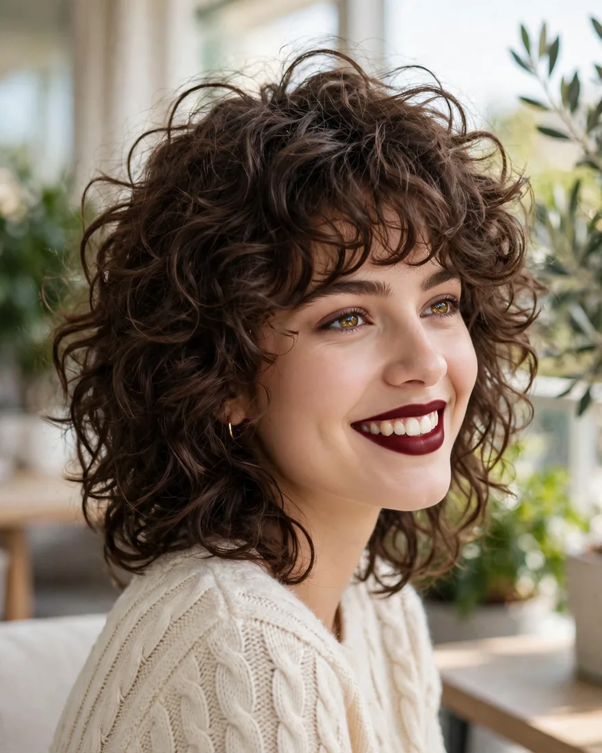 Curly shaggy wolf cut with curly bangs