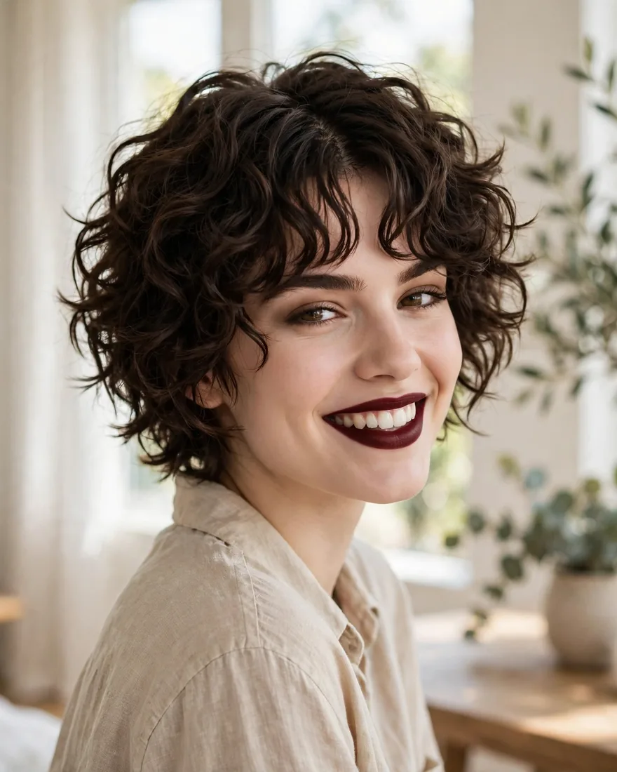 Curly short wolf cut with curtain bangs