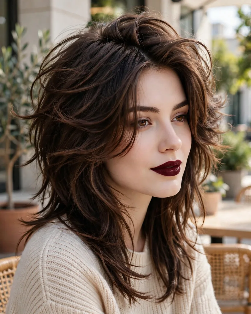Wolf cut with deep side-part curtain bangs