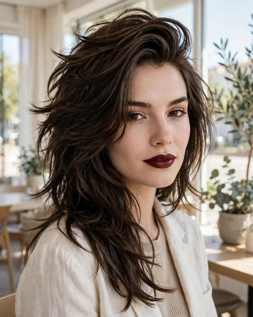 Deep side-part wolf cut without bangs