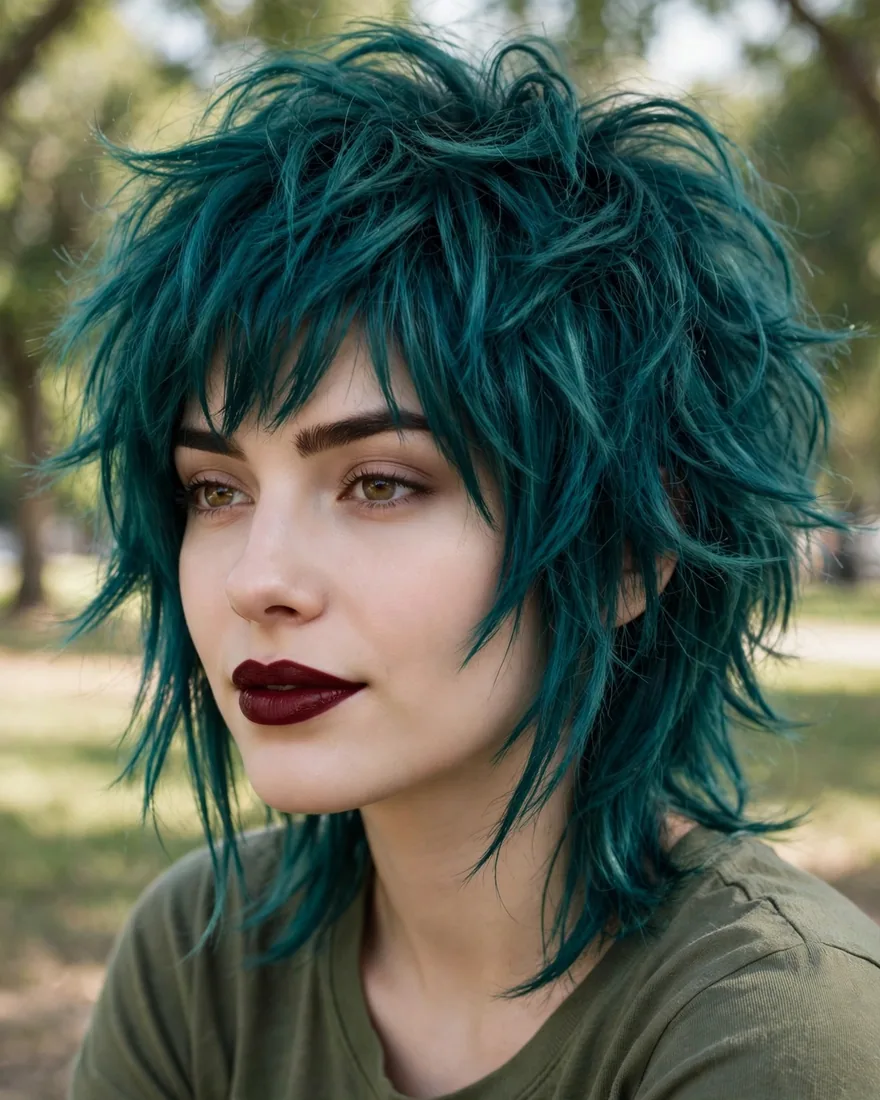 Deep teal layered bangs on a wolf cut