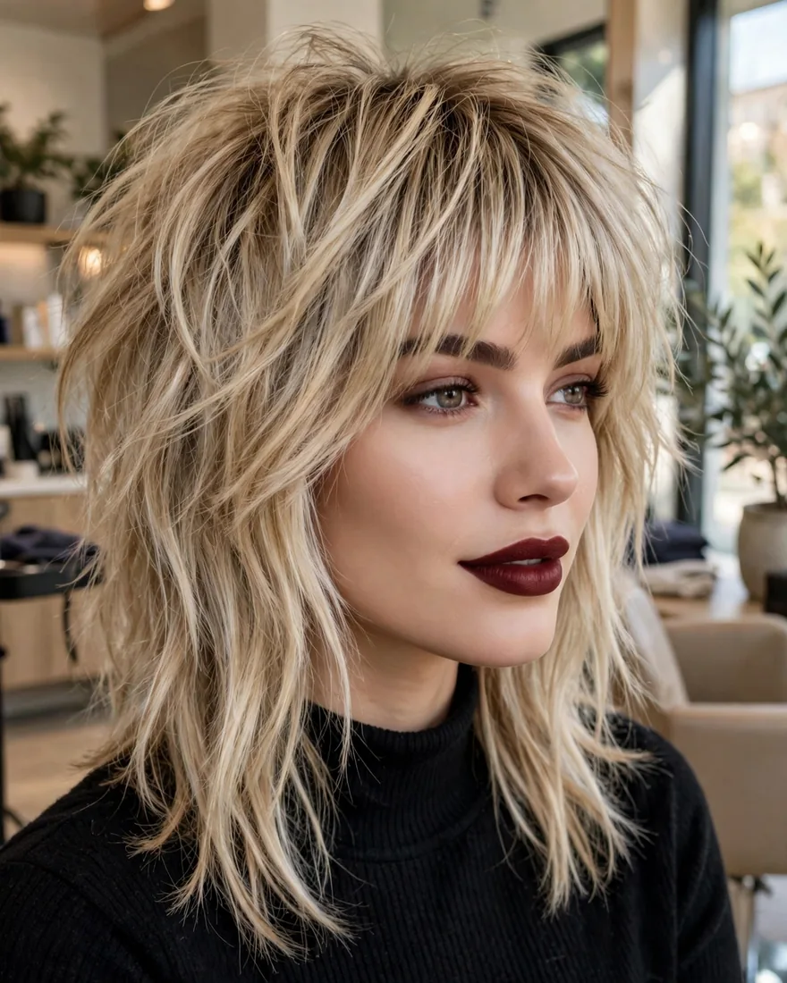Dimensional blonde wolf cut with thick curtain bangs