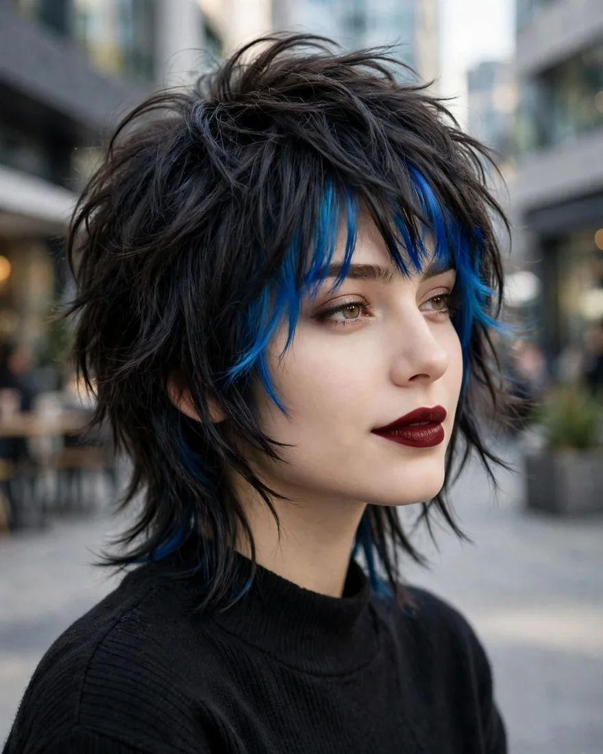 Electric blue inner fringe peeking through a dark wolf cut