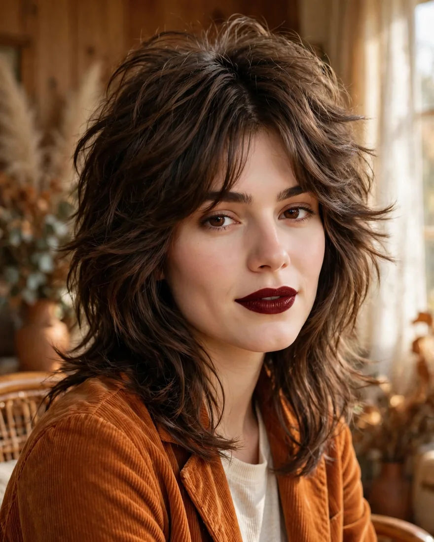 Feathered 70s wolf cut with curtain bangs