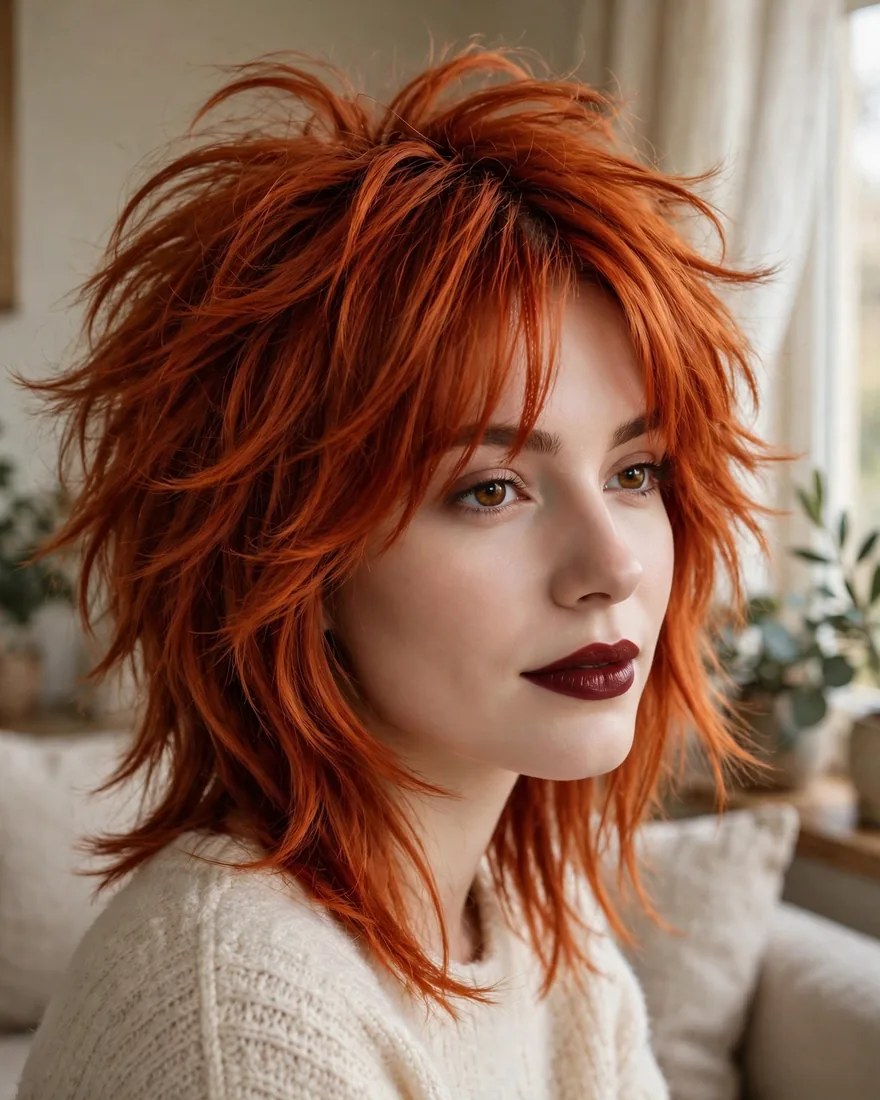 Fiery red curtain bangs with a wolf cut