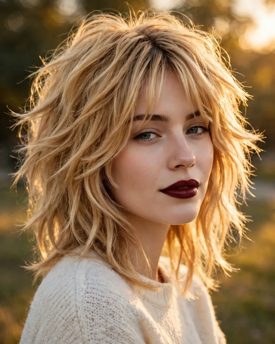 Golden blonde wolf cut with curtain bangs