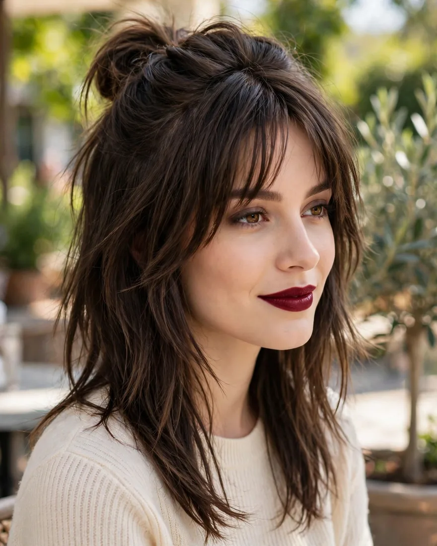 Half-up friendly long wolf cut with curtain bangs