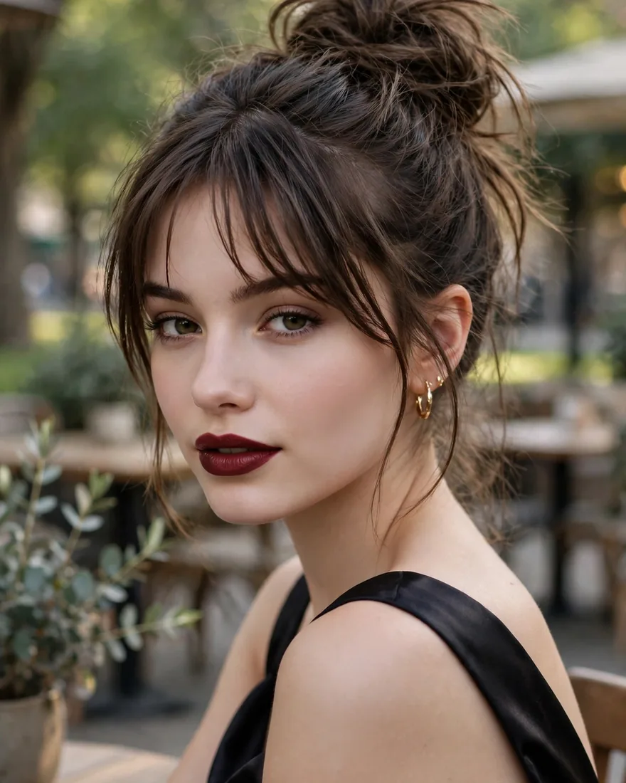 11. High Messy Bun With Curtain Bangs