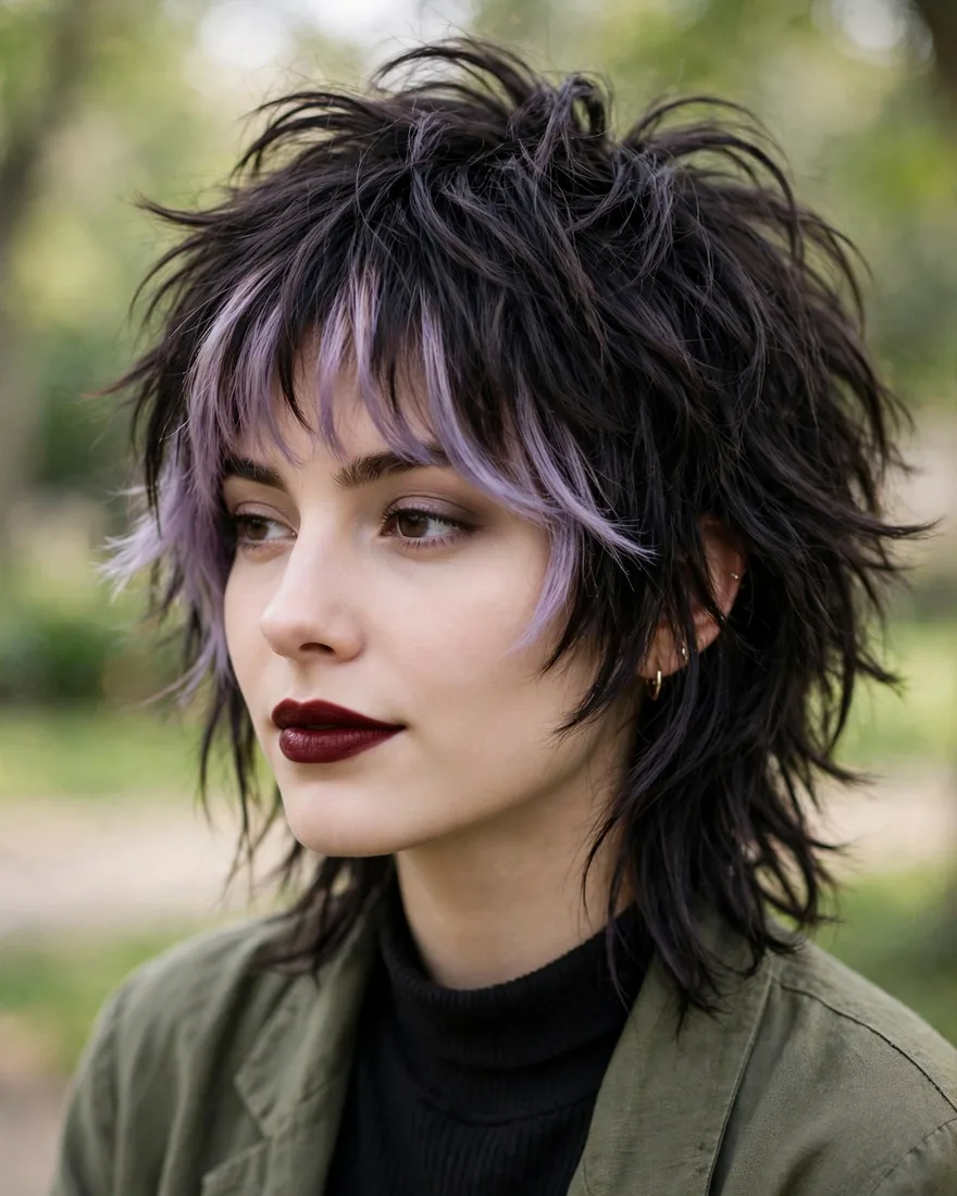 Lavender tipped bangs on a dark wolf cut