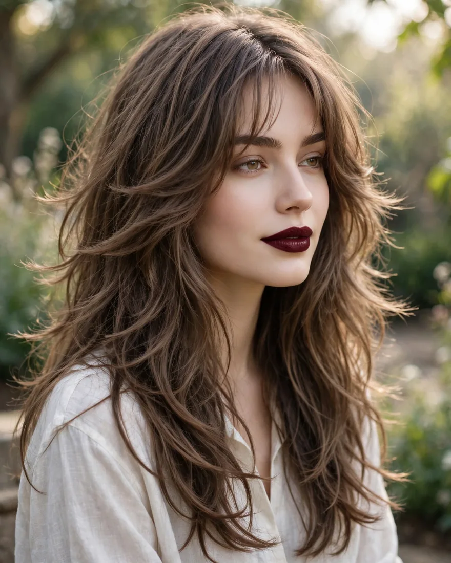 Long airy waterfall wolf cut with curtain bangs