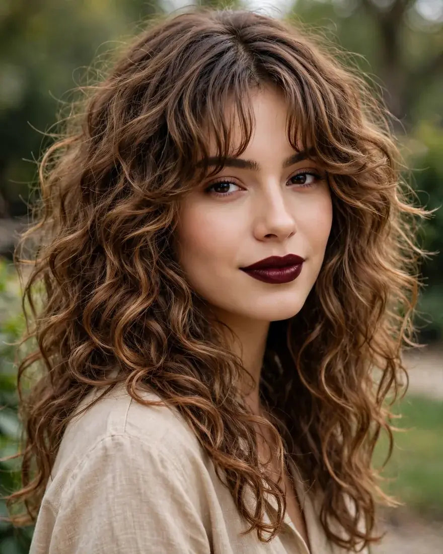 Long Curly Shag With Curtain Bangs