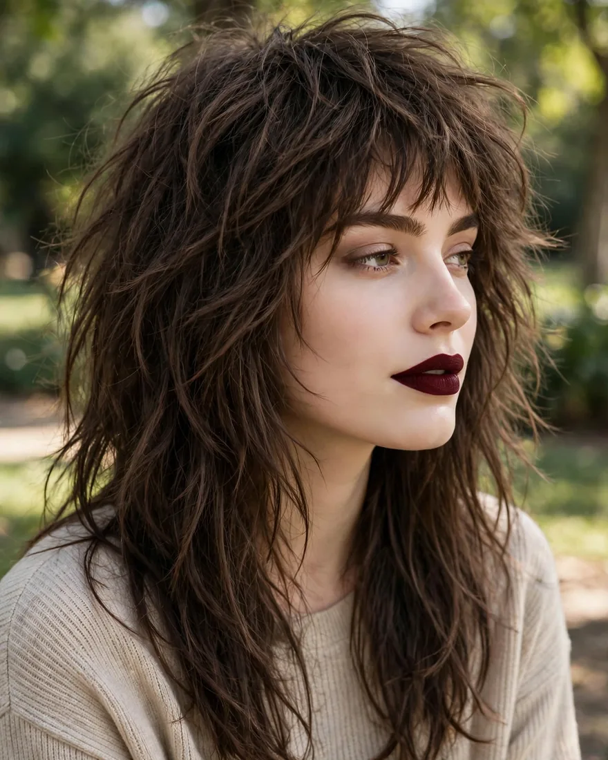 Long layered shaggy wolf cut with bangs