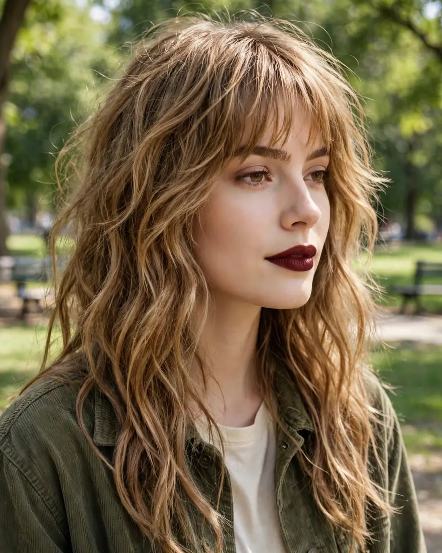 Long wavy wolf cut with bangs on thick wavy hair