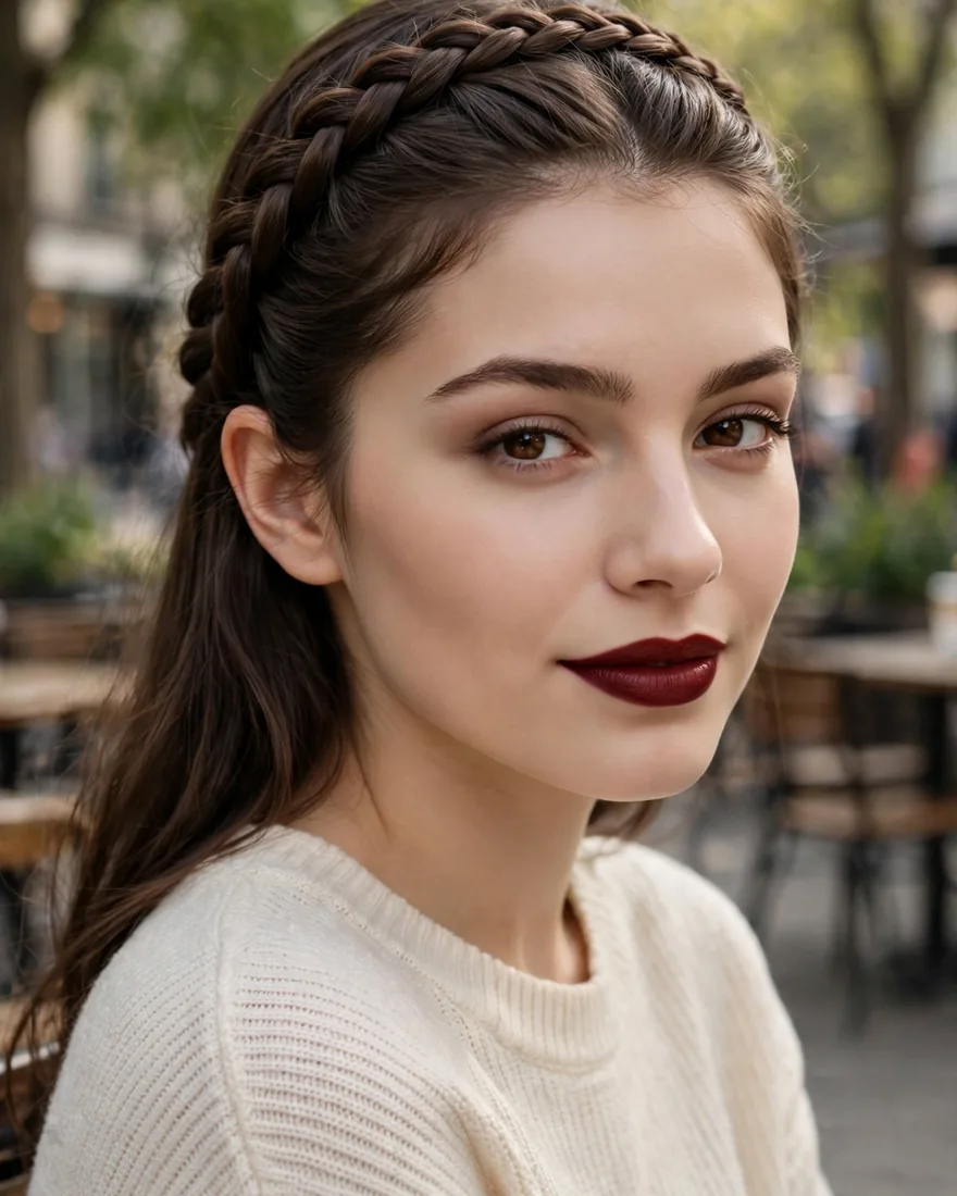 14. Low Braided Headband for Growing-Out Bangs