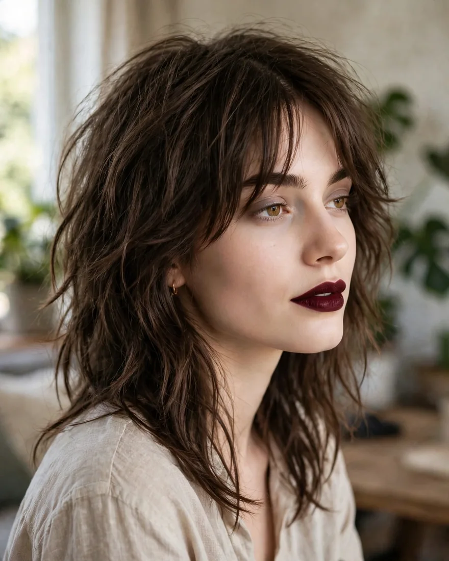 Low-maintenance long wolf cut with curtain bangs