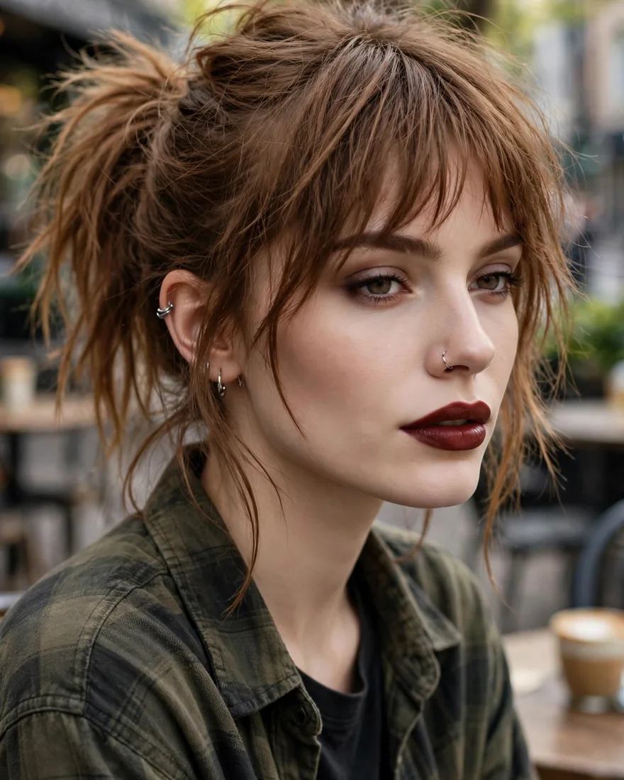 8. Messy Ponytail with Bangs