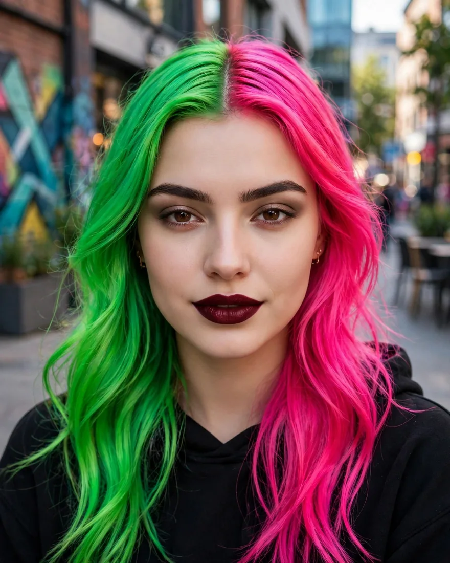 Neon contrast split gemini hairstyle