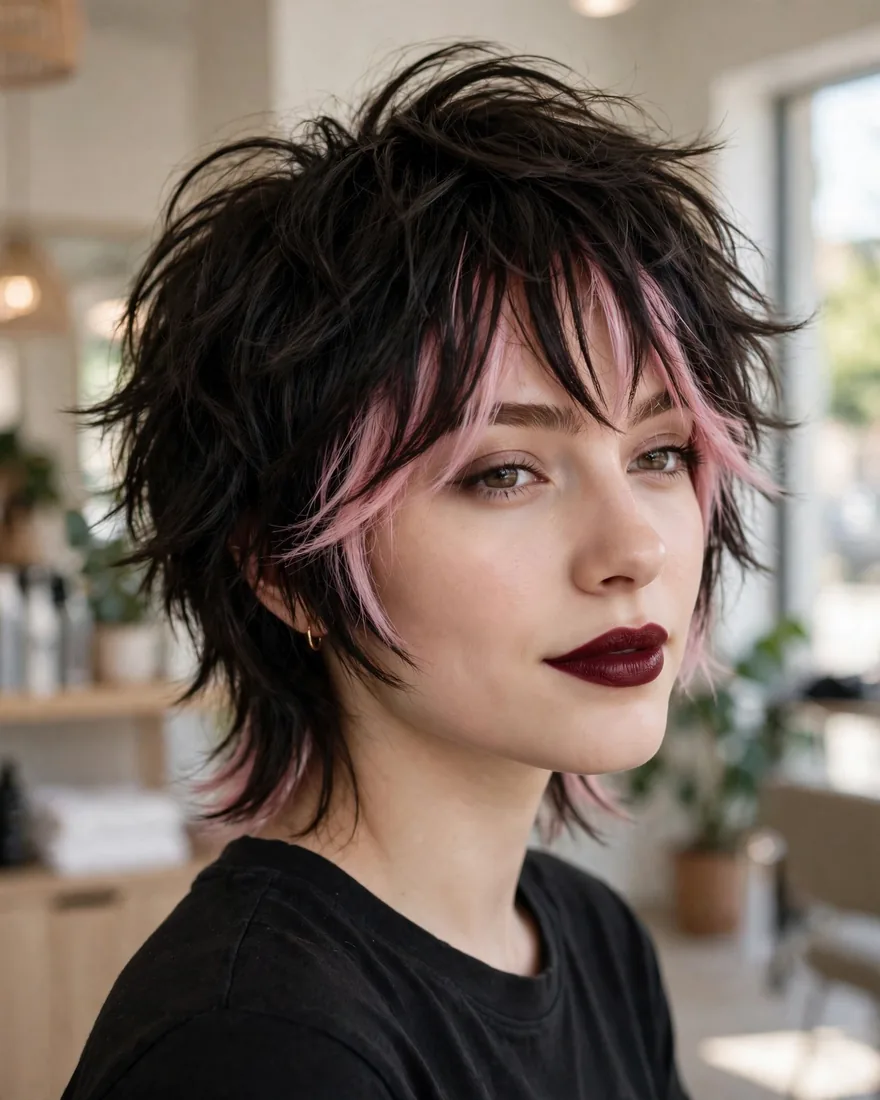 Peekaboo pastel pink bangs on a dark wolf cut