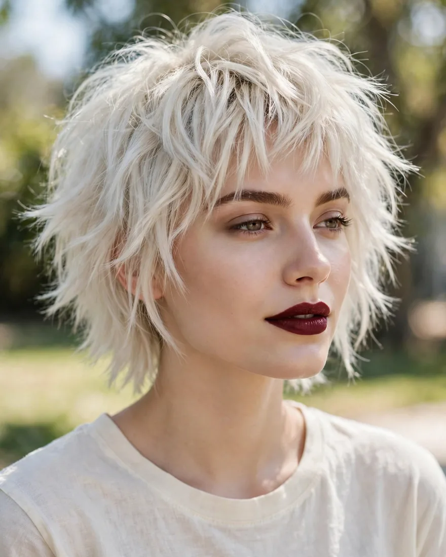 Platinum choppy blonde wolf cut with bold fringe