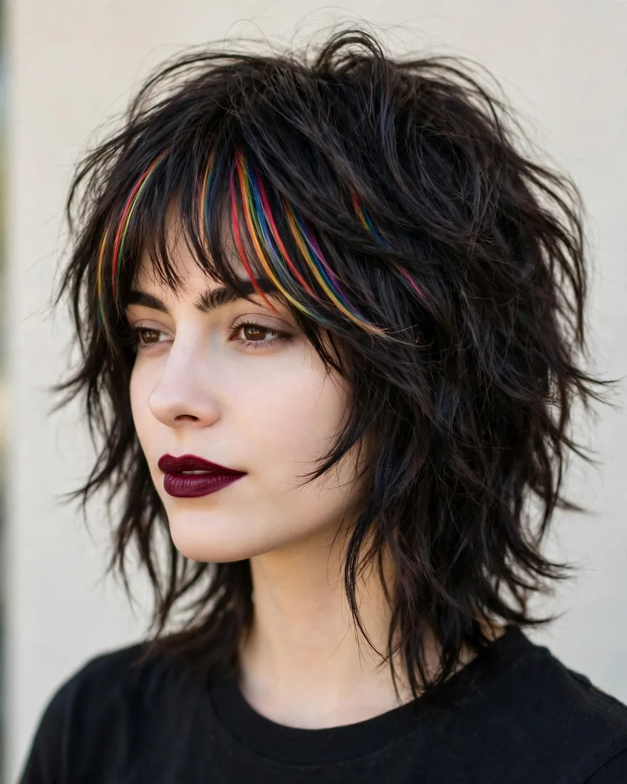 Rainbow micro stripes through dark wolf cut bangs