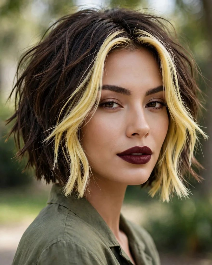 Razor Cut Bob With Money Piece Highlights