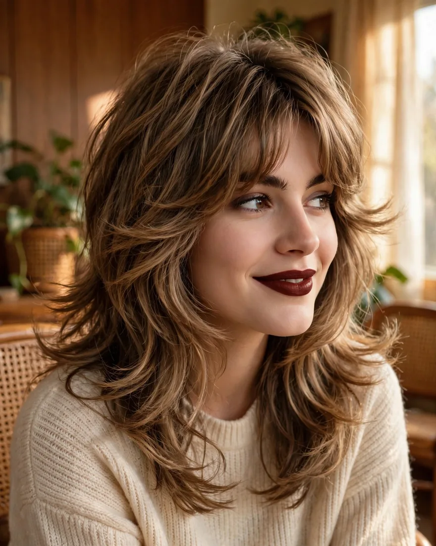 Retro 70s flip long wolf cut with curtain bangs