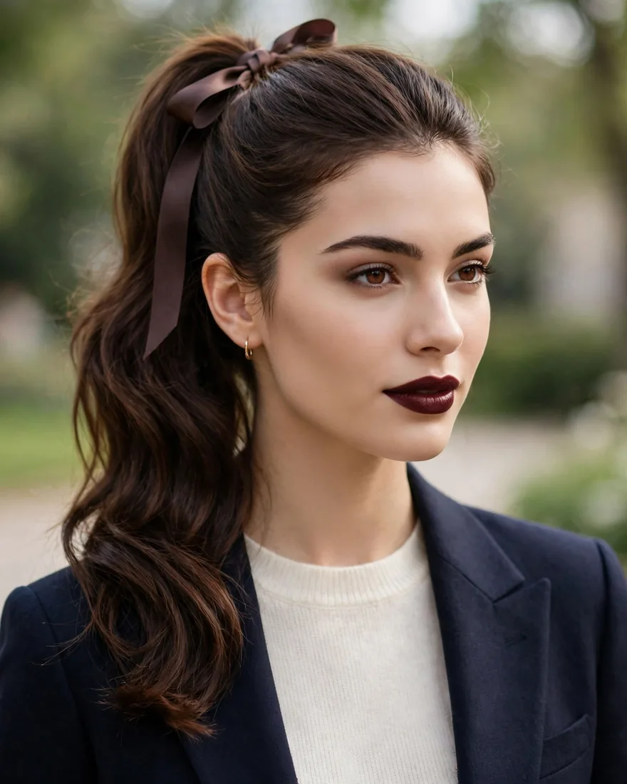 Ribbon-Tied Brunette Ponytail