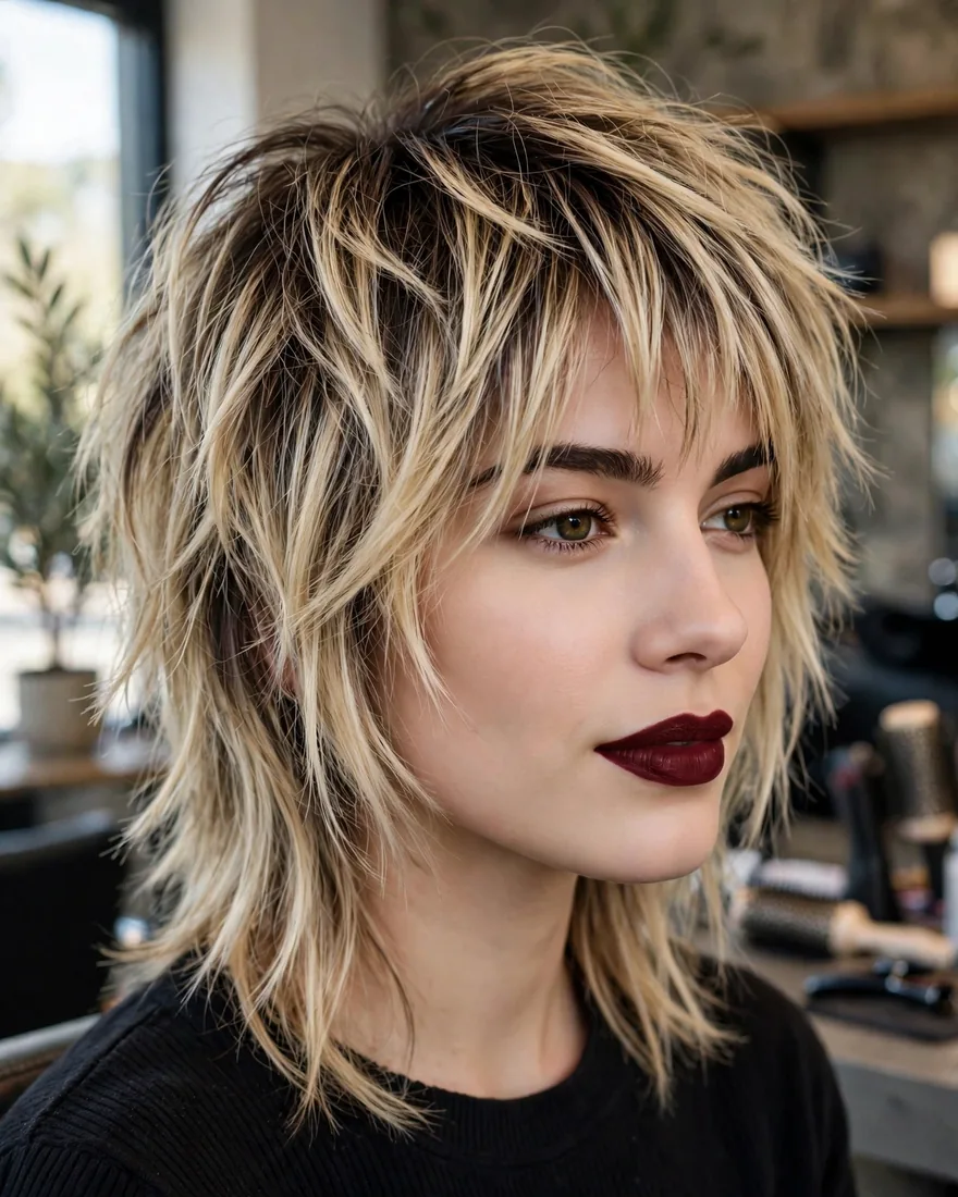 Rooted angled blonde wolf cut with bangs