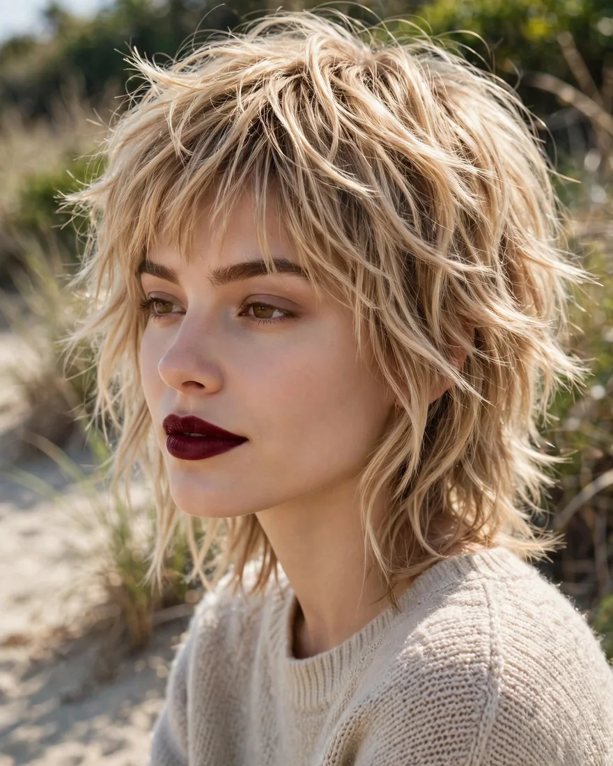 Sandy textured blonde wolf cut with bangs