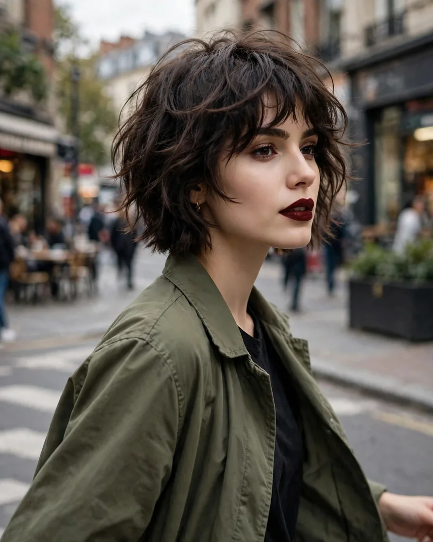 Short choppy wavy wolf cut with soft wispy bangs