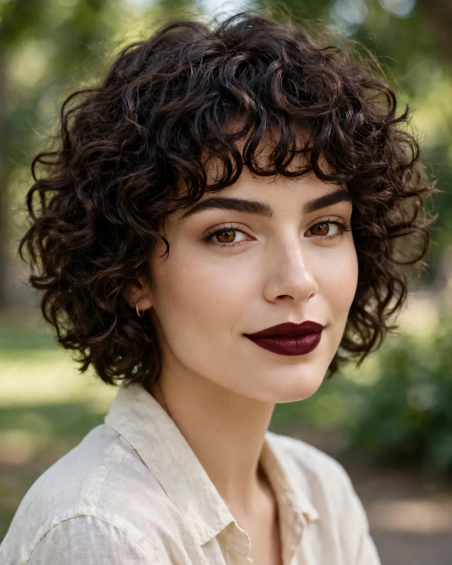 Short Curly Shag With Full Bangs
