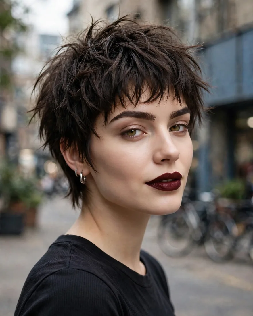 Short edgy shaggy wolf cut with choppy bangs