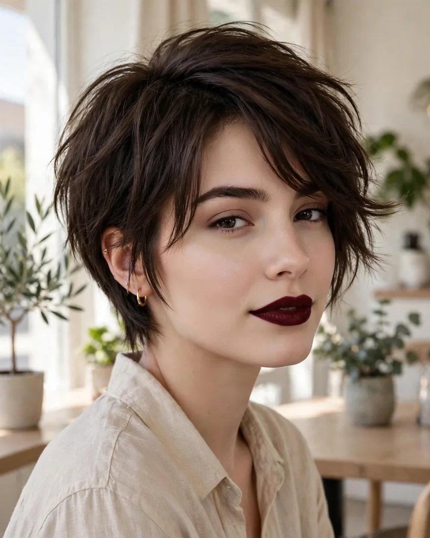 Side-parted short wolf cut with curtain bangs
